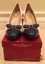 SALVATORE FERRAGAMO White  Navy Leather Spectator Bow Heels 9.5 3A Italy In Box