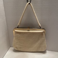 Vintage 1950s Corde Bead Purse Handbag Snap Close Clutch Cream