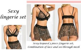 Women Leopard Lingerie Set Sexy Lace Contrast Mesh Bra Panty Set with Mini Skirt