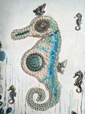 Jewelry Wall Art Framed Turquoise Seahorse Mixed Media Handmade Bejeweled