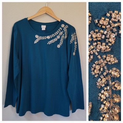 NWT Chico's Long Sleeve Tee Top Sz 4 (XXL) Jewel Neck Beaded Teal Touch Of Cool