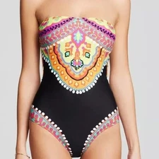 Trina Turk women's 4 black patterned Nuevo So Bandeau one piece swimsuit halter