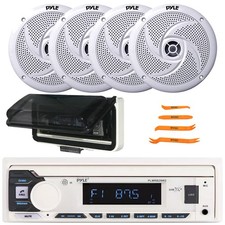 Pyle Single DIN Bluetooth Receiver, 4x 6.5" 240W White Speakers, Radio Cover