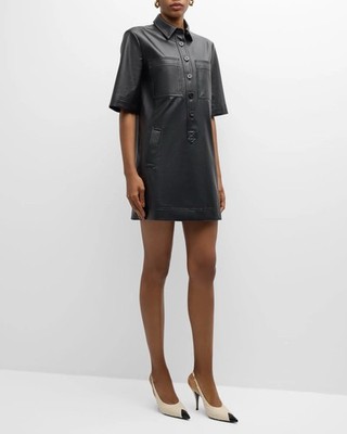 Veronica Beard Koulis Short Sleeve Vegan Leather Mini Dress Black 4 NWT $498