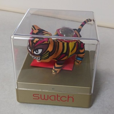 Swatch Analog Wristwatch Red Plastic Case Silver Dial Multicolor Strap w/ Box