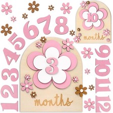 Baby Monthly Milestone Cards Wooden Discs Sign Girl Flower 7x6 Inch 26 PCS