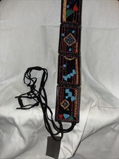 Chicos Black Leather Belt Beaded Woman's M/L India Rawhide Ties Southwester Boho