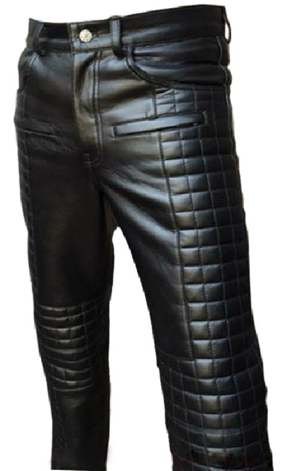 Men's Bikers Pants Real Black Leather Quilted Design Motorcycle Jeans