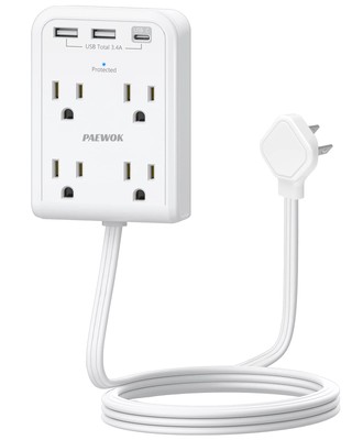 Flat Multi Plug Extender with 3 USB Wall Charger(1 Type C), 4 Outlet Wall Ada...
