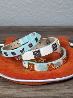 Rustic Cuff Leather Bracelets Set of 3 Gold & Silver Hardware Blue White Cowhide