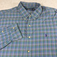 Ralph Lauren Shirt Mens 2XL Green Blue Plaid Pony Logo Button Down Vintage