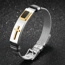 Men's Bible Prayer Cross Mesh Bracelet Bangle Wristband Stainless Steel Classic