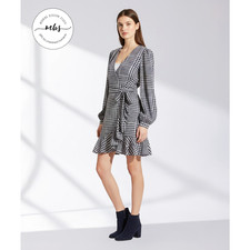 NWT Leyden Crepe Houndstooth V Neck Lined Wrap Mini Dress Blue White Women L