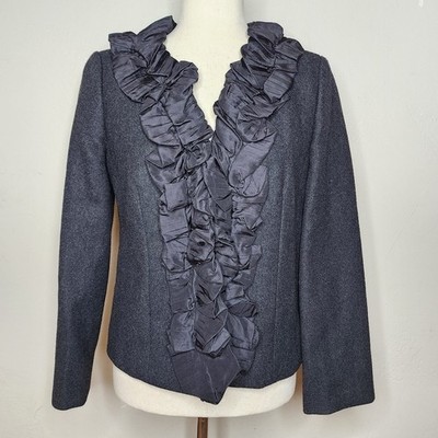Vintage Y2K J.Crew Chimera Wool Silk Ruffle Collar Blazer Gray Size 4
