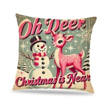 Retro Pink Reindeer Snowman Christmas Pillow Covers 18x18, Vintage Multicolor 4