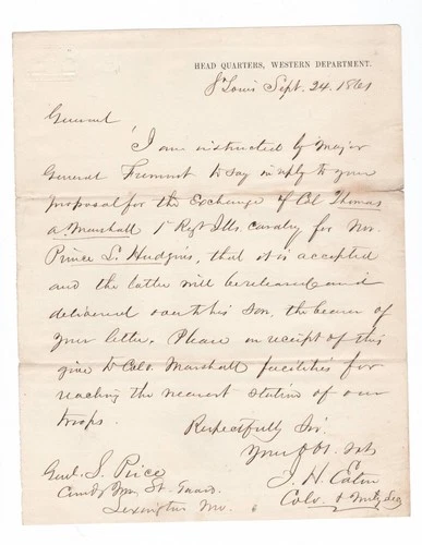 Historic 1861 Civil War Letter - Gen Fremont Aide Writes to Gen Sterling Price !