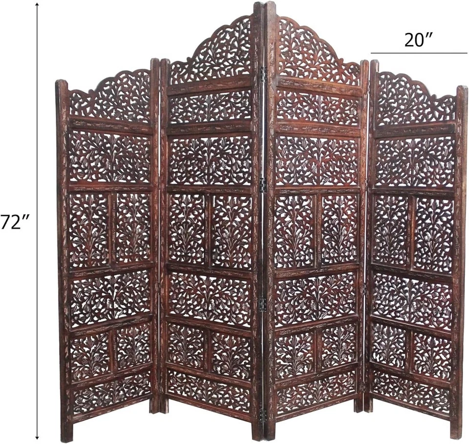 Room Divider Wood Screen - Mahanadi Antique Brown - 4 Panel Folding 72X80 - Wood - Image 2 of 4
