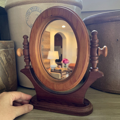 VTG 70s Solid Wood Swing Vanity Mirror 10'' Oval Dressing Table Tabletop Handmade