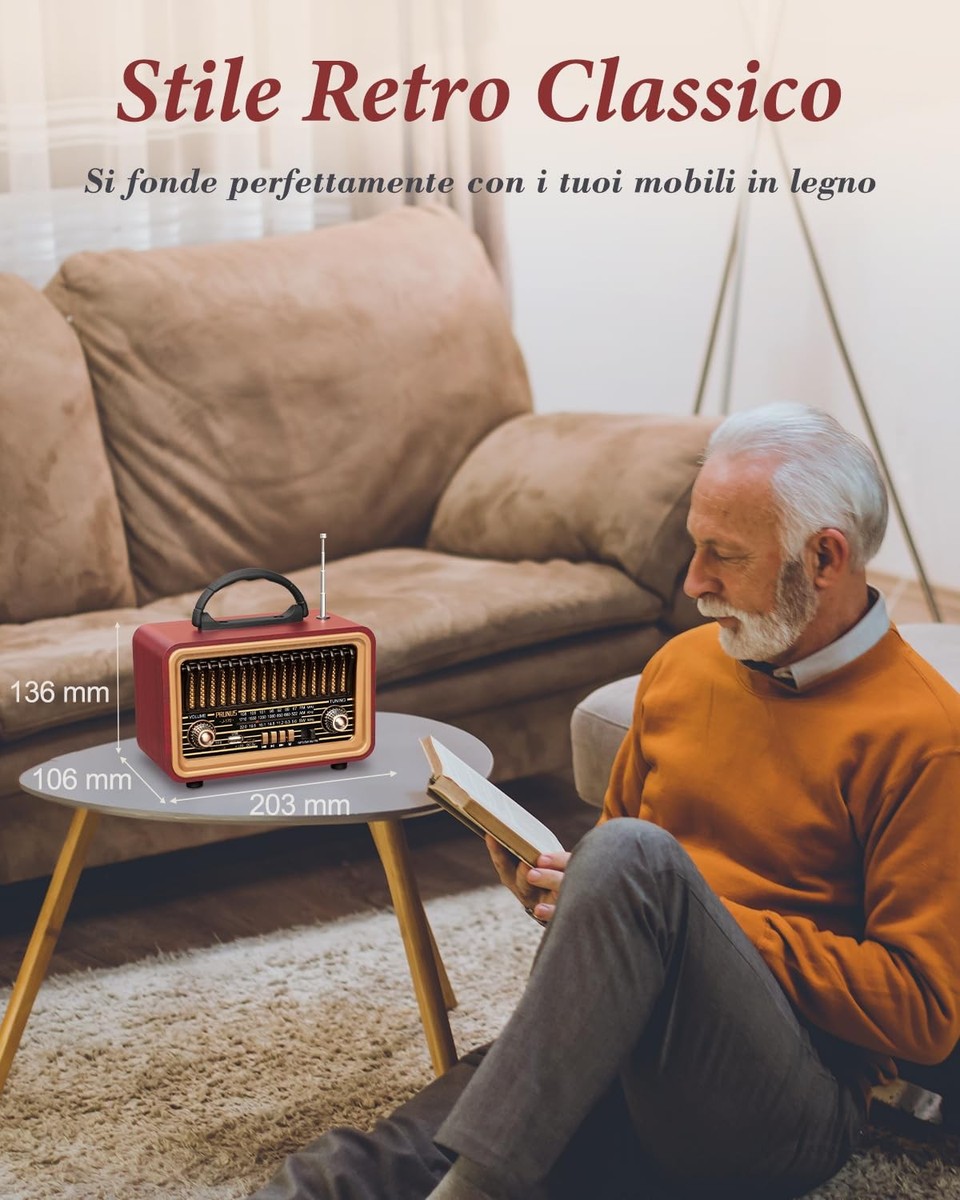 Radio Portatile Glovios FM/AM/SW Con Bluetooth 5.1 - Vintage Legno, Batteria 1200mAh, Alimentazione AC, Supporto TF/USB/AUX, Maniglia (23x12.5x12.8cm)