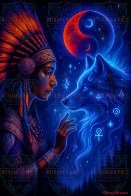 Native American Spirit Wolf Poster | 8K Neon Fantasy Art Poster Print 20x30 