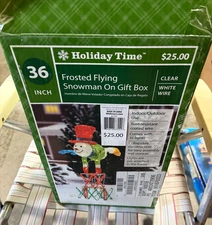 36 in. Frosted Flying Snowman on Gift Box~Holiday Time!