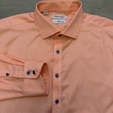 Twillory Dress Shirt Mens 17.5 34/35 Orange Check Tailored Fit Non Iron Cotton