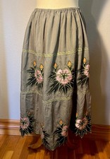 Boho Maxi Skirt Appliqu  Floral Green Pink Floral Embroidered Elastic Waist READ