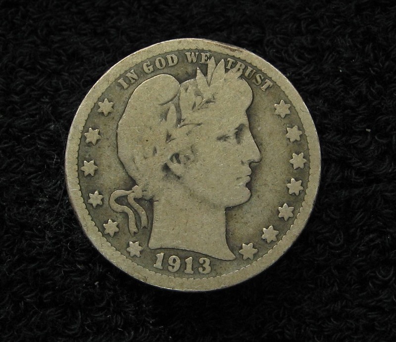 1913 Barber Quarter Dollar - 90% Silver - Classic Vintage US Coin