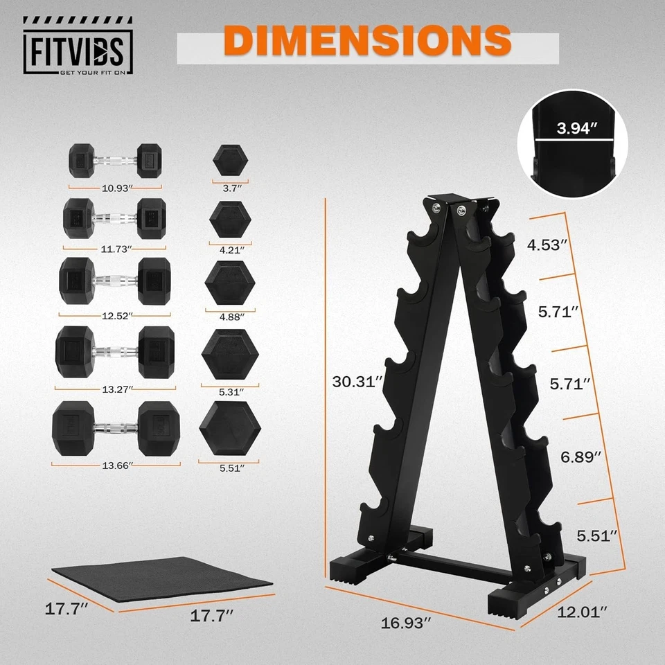 200LB Rubber Hex Dumbbell Set with 5-Tier A-Frame Rack, 10–30LB Pairs, Ergo Grip - Image 3 of 4