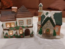 2 s&uuml;&szlig;e 90er Teelicht-H&auml;user Dorf Deko Haus Schule handbemalt  Advent Weihnachten