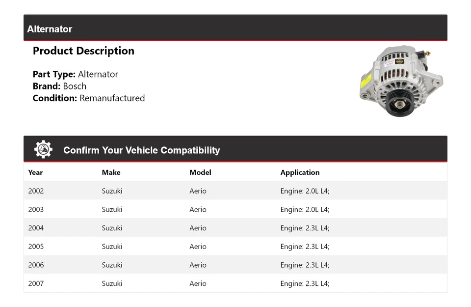 Alternador para Suzuki Aerio Bosch 2002-2007 (remanufacturado) 2003 2004 2005 2006 Foto 2 de 4