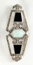 Sterling Silver .925 Art Deco Marcasite, Mother of Pearl and Onyx Brooch Pin