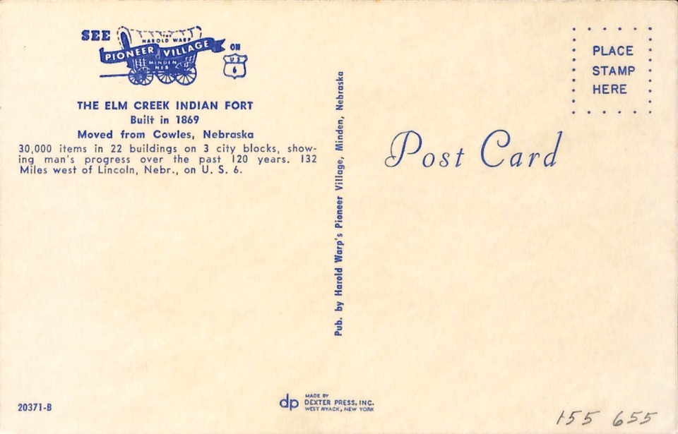 Elm Creek Indian Fort Pioneer Village Nebraska Postcard eBay