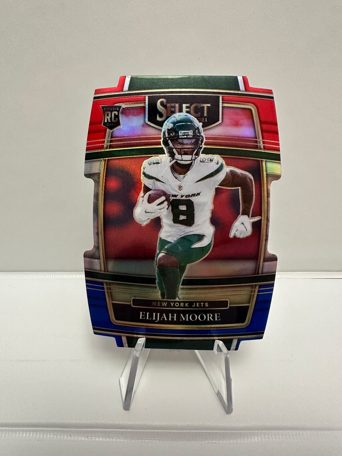Elijah Moore RC - 2021 Panini Select Red & Blue Prizm Die-Cut #56 New York Jets