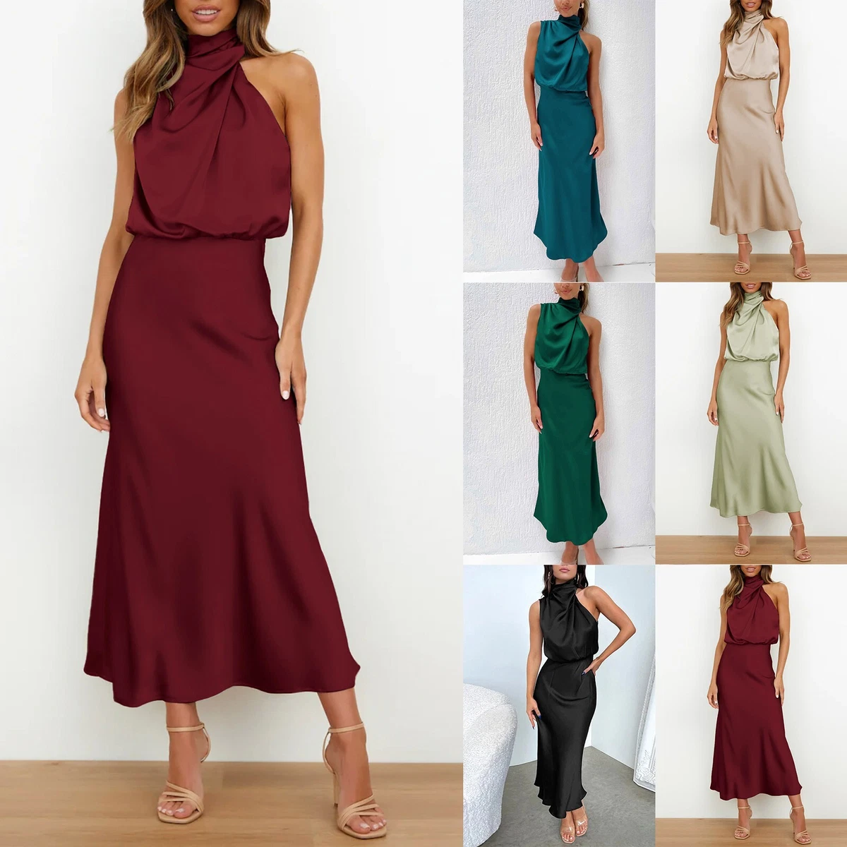 Women's Formal Satin Dress Mock Neck Sleeveless Flowy Maxi Tank Dresses  Summer