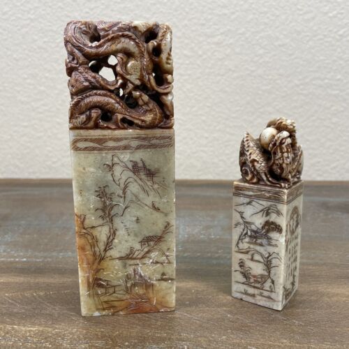 Set Of 2 Vintage Chinese Hand Carved Stone Stamp Set Ornate Dragon Carving - 第 1/21 張圖片