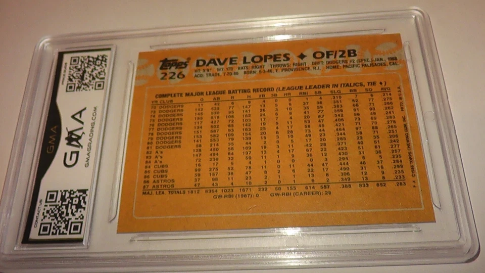 1988 Topps Dave Lopes Card Grade GMA 10 #226 MLB Baseball Houston Astros - Image 4 of 4