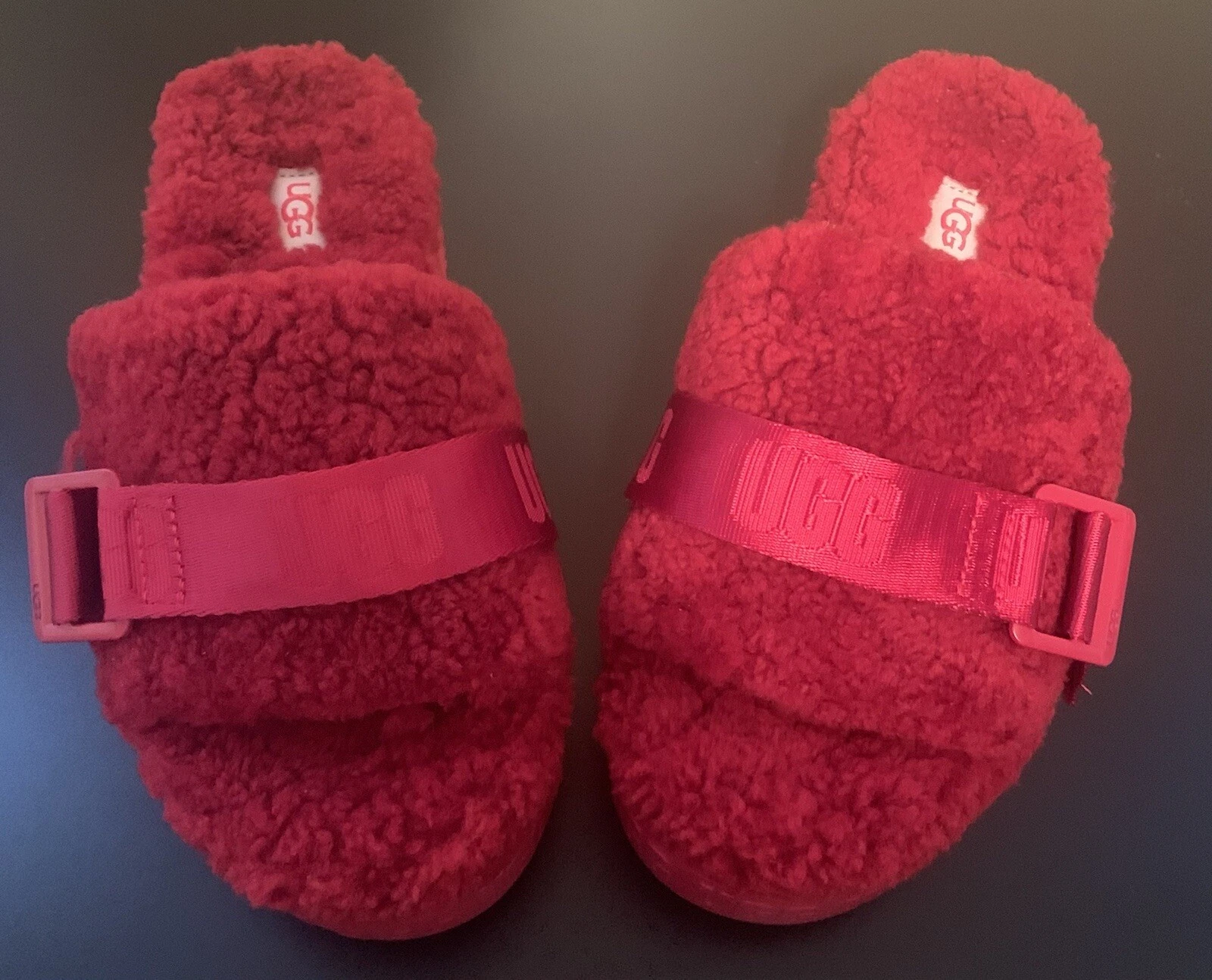 Sandali donna UGG taglia 6 Fluffita pelle di pecora ciabatte plateau ROSSO nuovi