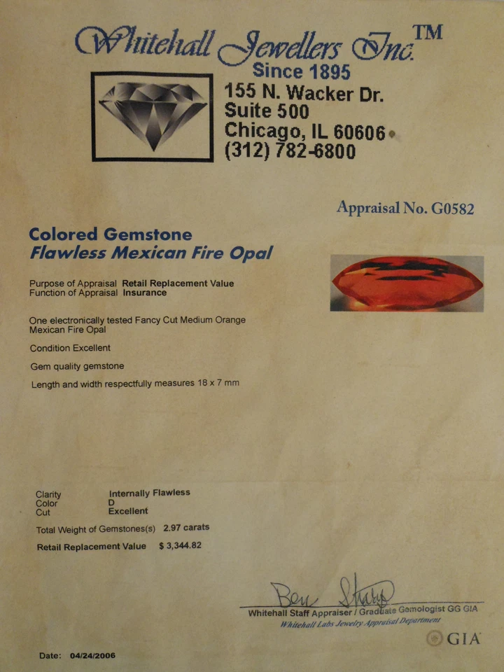 USA / GIA & INS 2.97 Carats Flawless Mexican Fire Opal Fancy Custom Cut Golden - Image 3 of 4