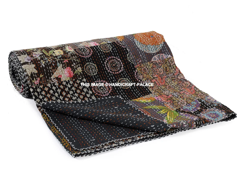 Edredón Boho Kantha Reversible Ropa de Cama India Manta Algodón Retazos Negro Queen Foto 4 de 4