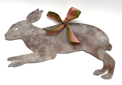 Hand Cut Metal Running Rabbit Wall Hanging with Ribbon 15'' Marked ''Kathy'' Easter