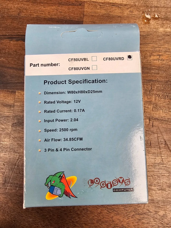 Logisys CF80UVRD 80mm UV Red LED Case Fan 12V 2500RPM 34.85CFM PC Cooling Fan 3- - Image 2 of 2