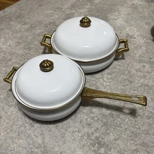 Lot Of 2 Bon Chef Enamel Pot 3 Qt. with Handles Vintage Serving Ivory Lid