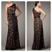 Tadashi Shoji Black Embroidered Mesh One Shoulder Gown Black Belted 6 New