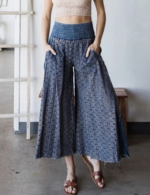 Oil & Hali Mineral Washed Wide Leg Lace Boho Crop Pants Womens Small Blue Hippie