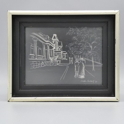 Vintage MCM Monochrome Plantation Scratchboard Art Shadow Box Frame Signed 6.5''