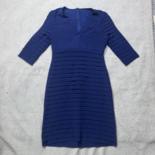 Adrianna Papell Dress Womens Medium Blue Sheath 3/4 Sleeve Pleated Lined Elegant