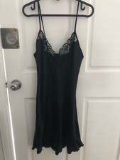 Vintage California Dynasty Lingerie Slip Dress Black Lace Sequin Slit Medium VTG