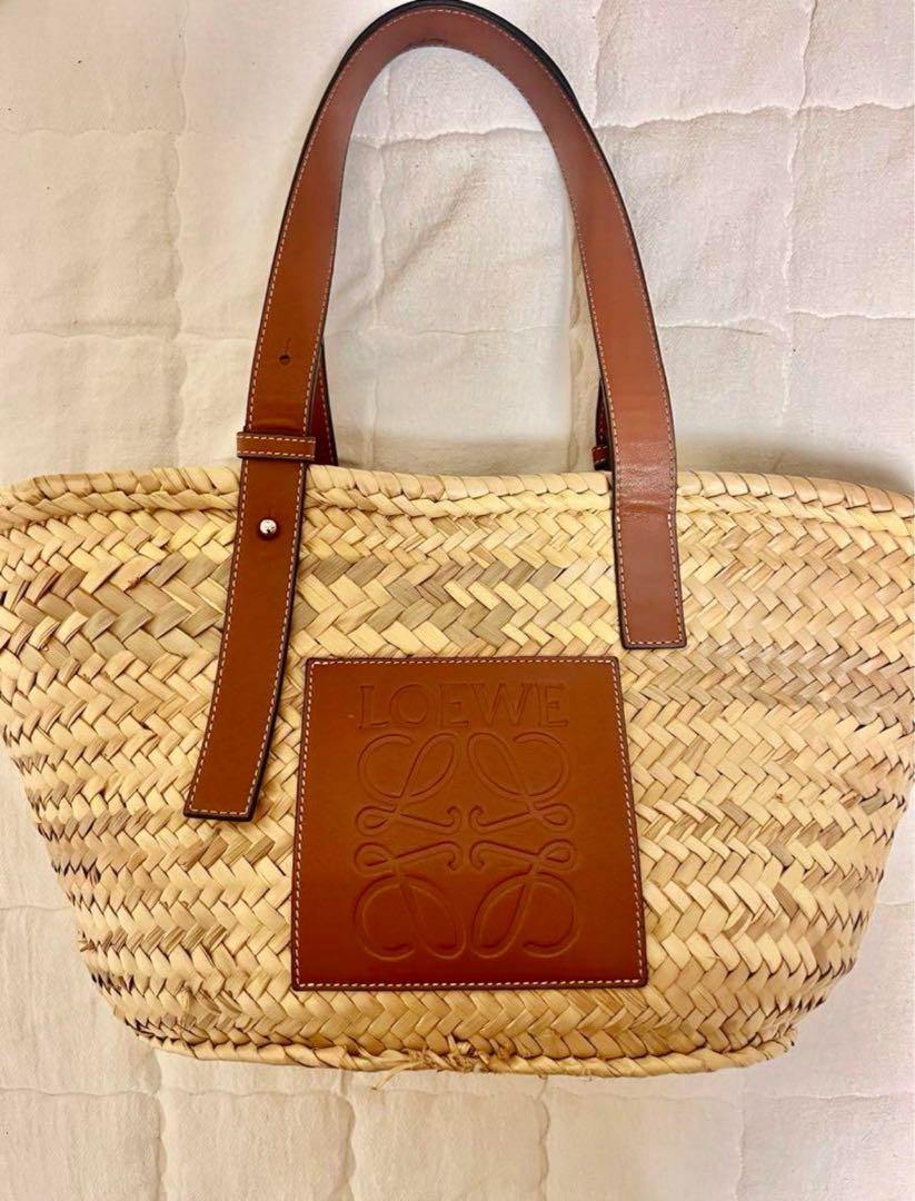 Loewe Basket Bag Medium Size Natural Raffia Tote Leather Handles