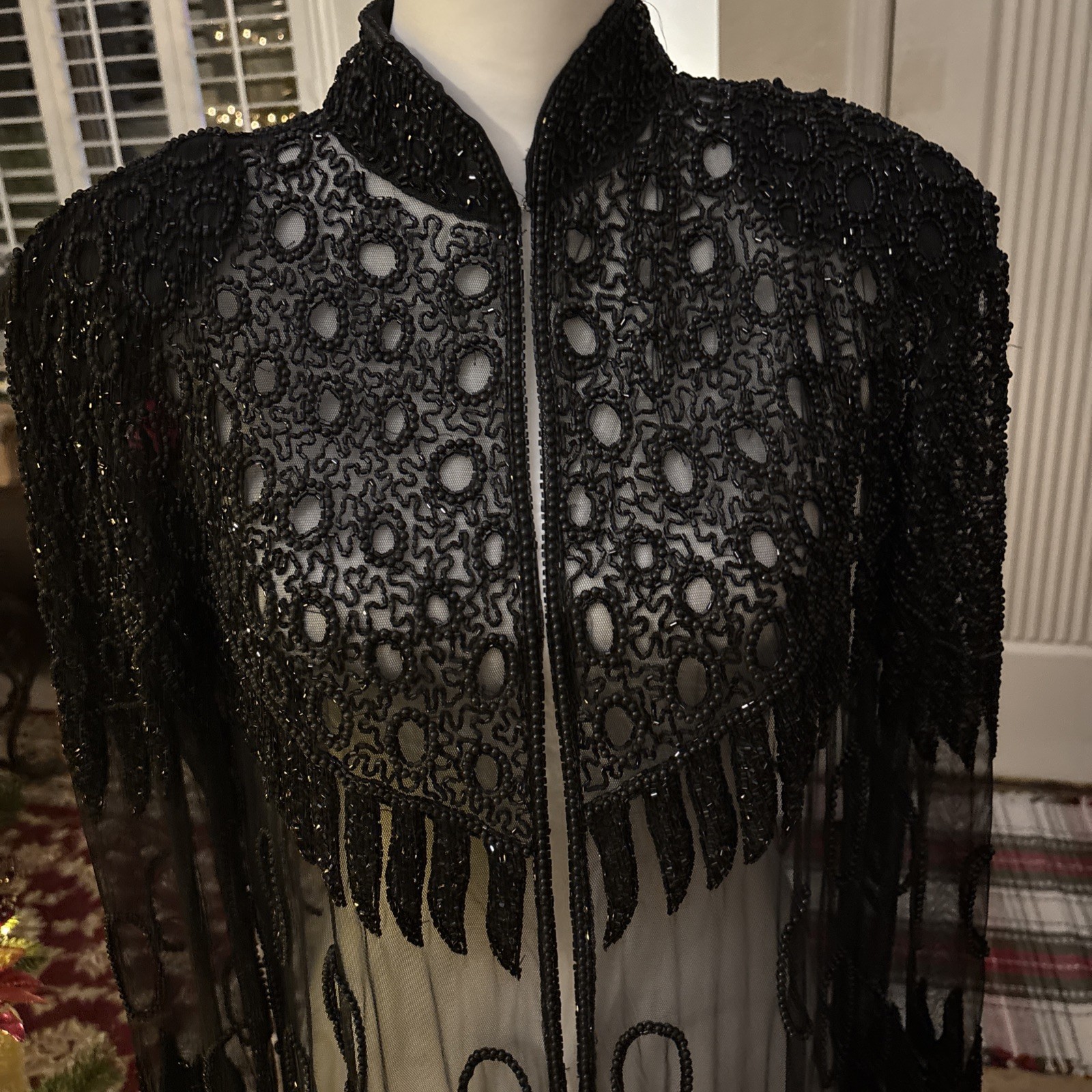Stunning Hand Made Black  Beaded Stroller Length Evening Jacket